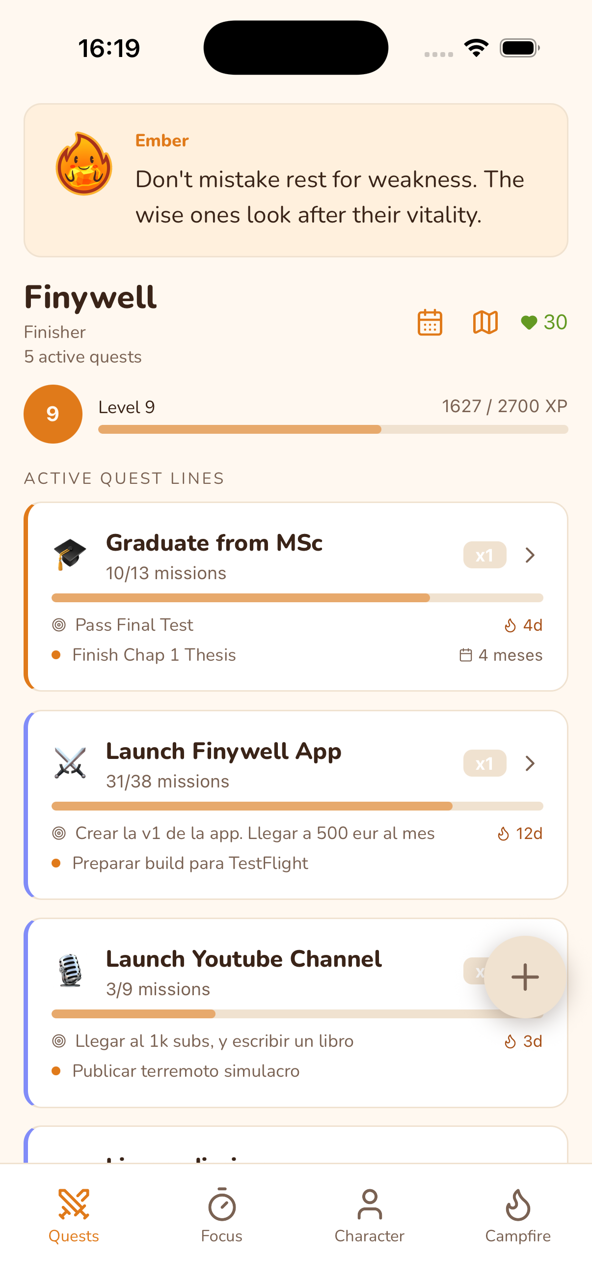 The Quests screen in the Finywell app
